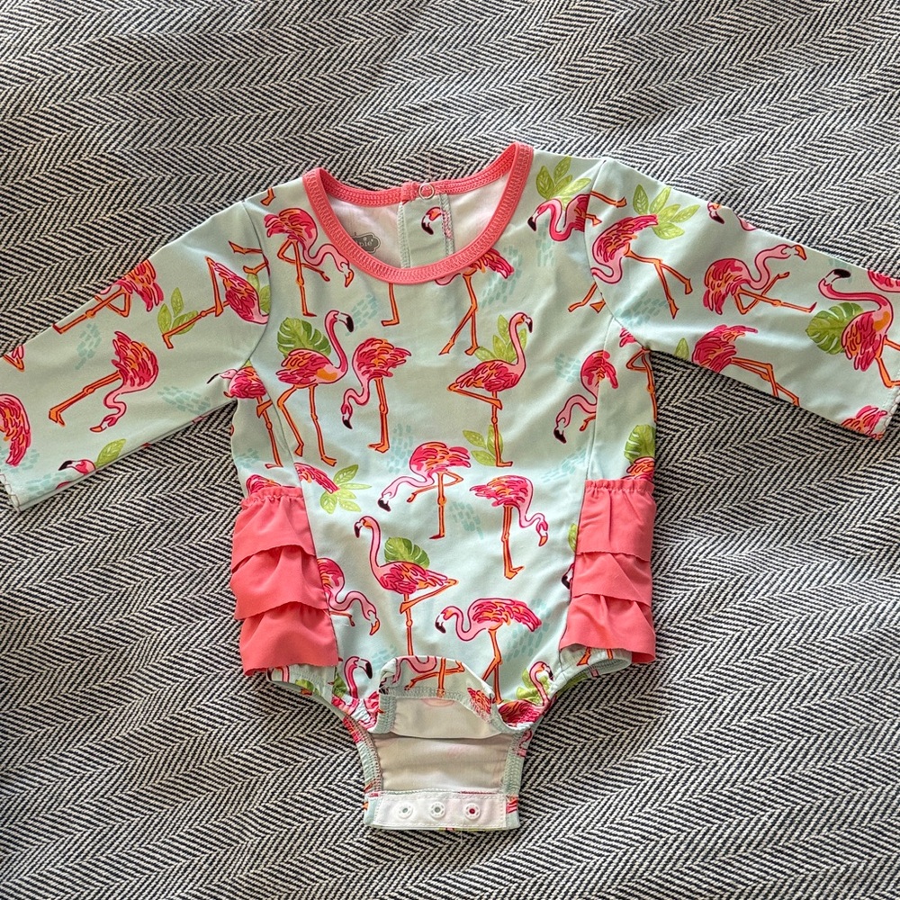 Mudpie Flamingo Baby bathing suit with Ruffles 9-12